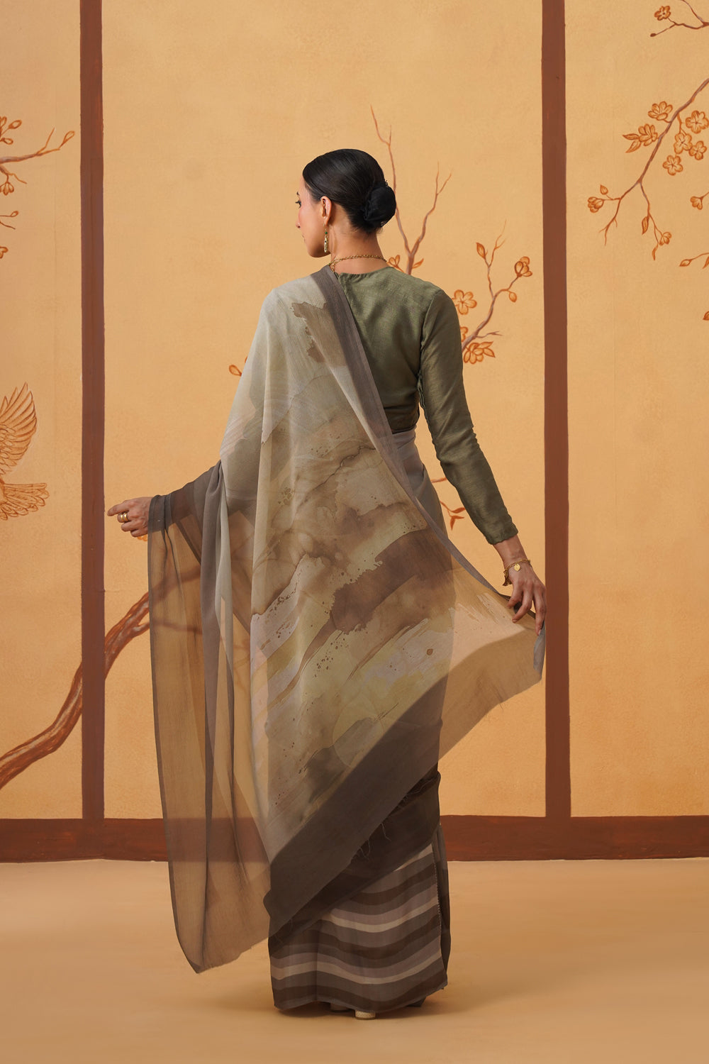 Earthbound Grace: Abstract Print Chiffon Saree