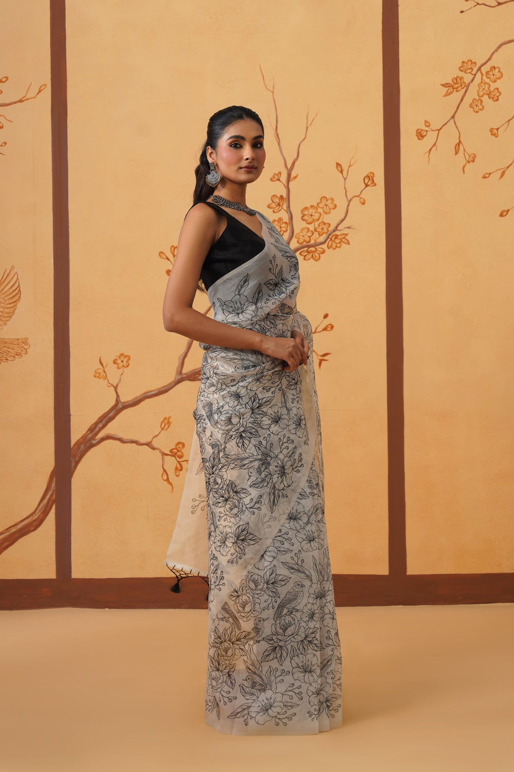 Floral Noir: Hand-Printed Kora Organza Saree