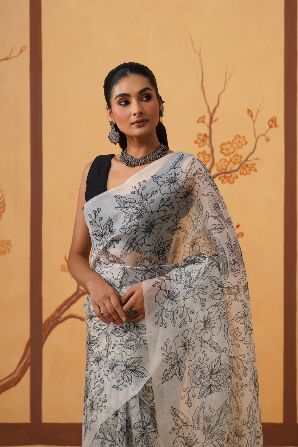 Floral Noir: Hand-Printed Kora Organza Saree