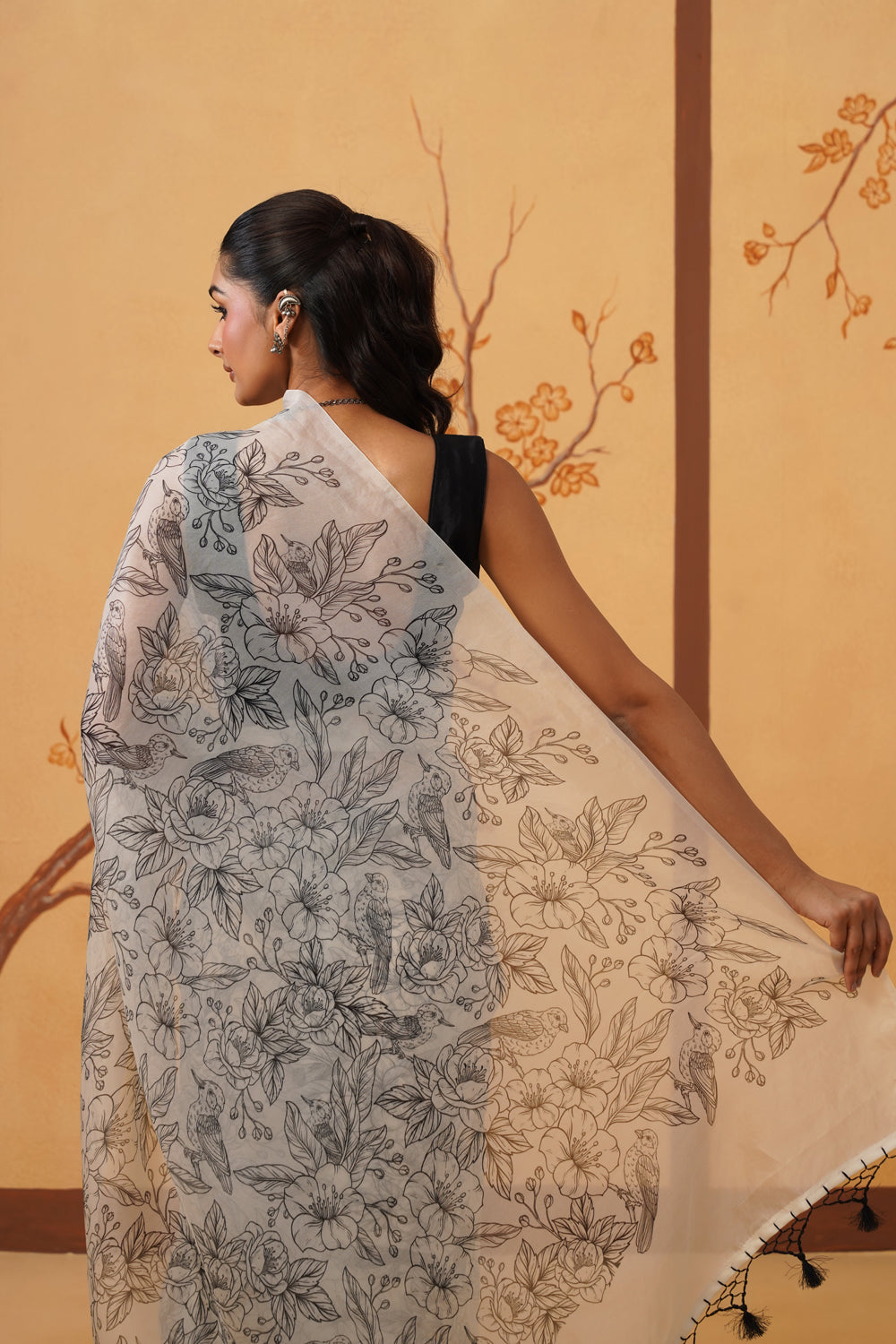 Floral Noir: Hand-Printed Kora Organza Saree