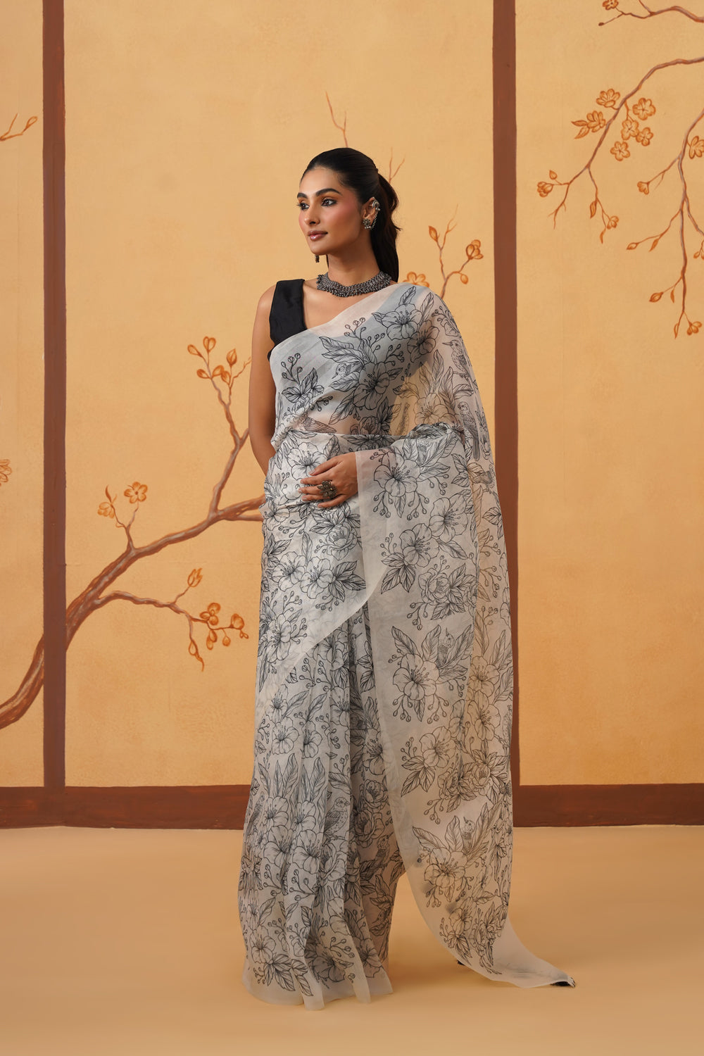 Floral Noir: Hand-Printed Kora Organza Saree