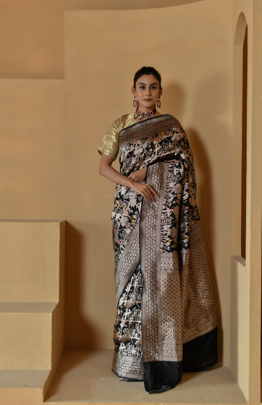Handwoven Black Katan Silk Saree with Shikargah Motifs