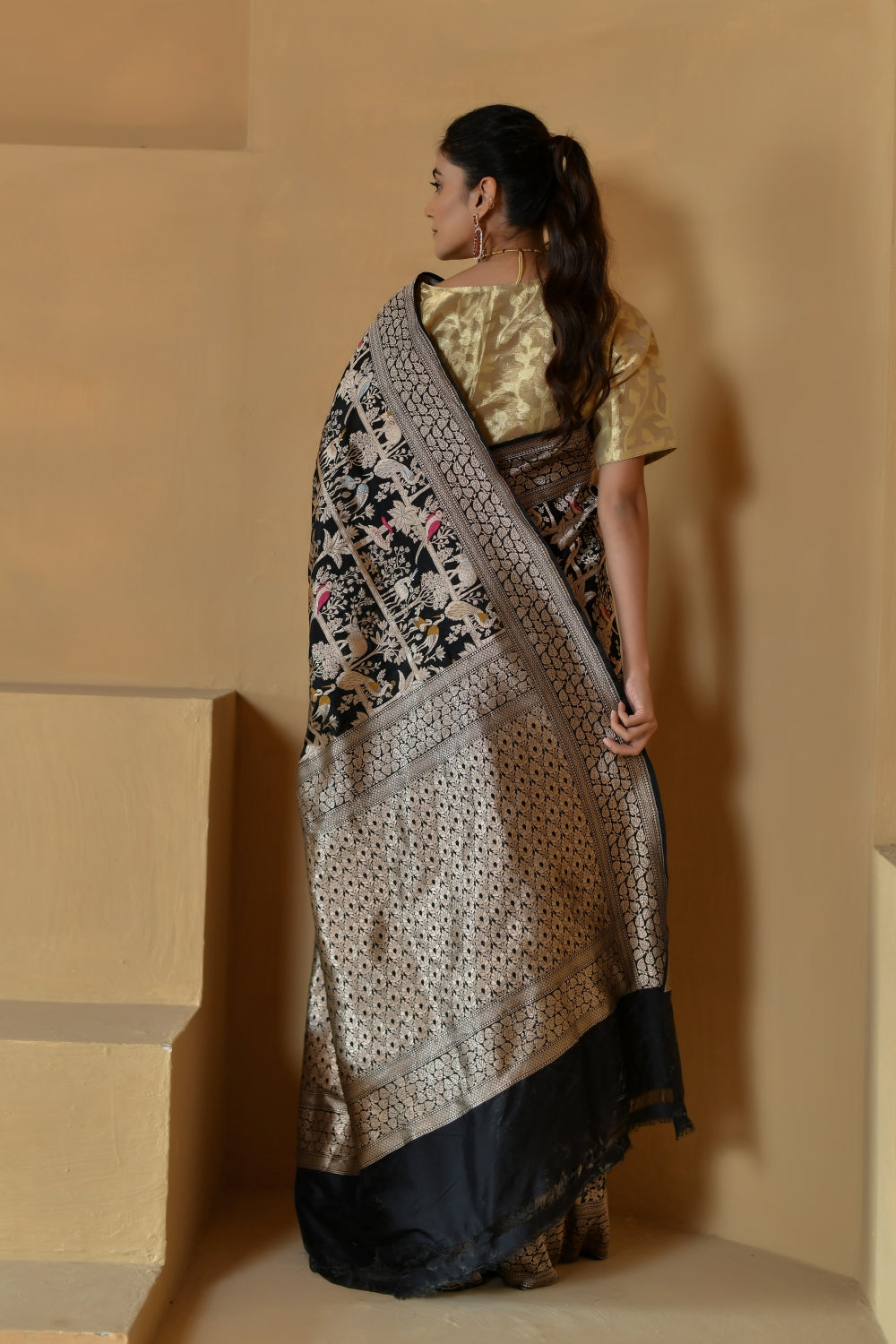 Handwoven Black Katan Silk Saree with Shikargah Motifs