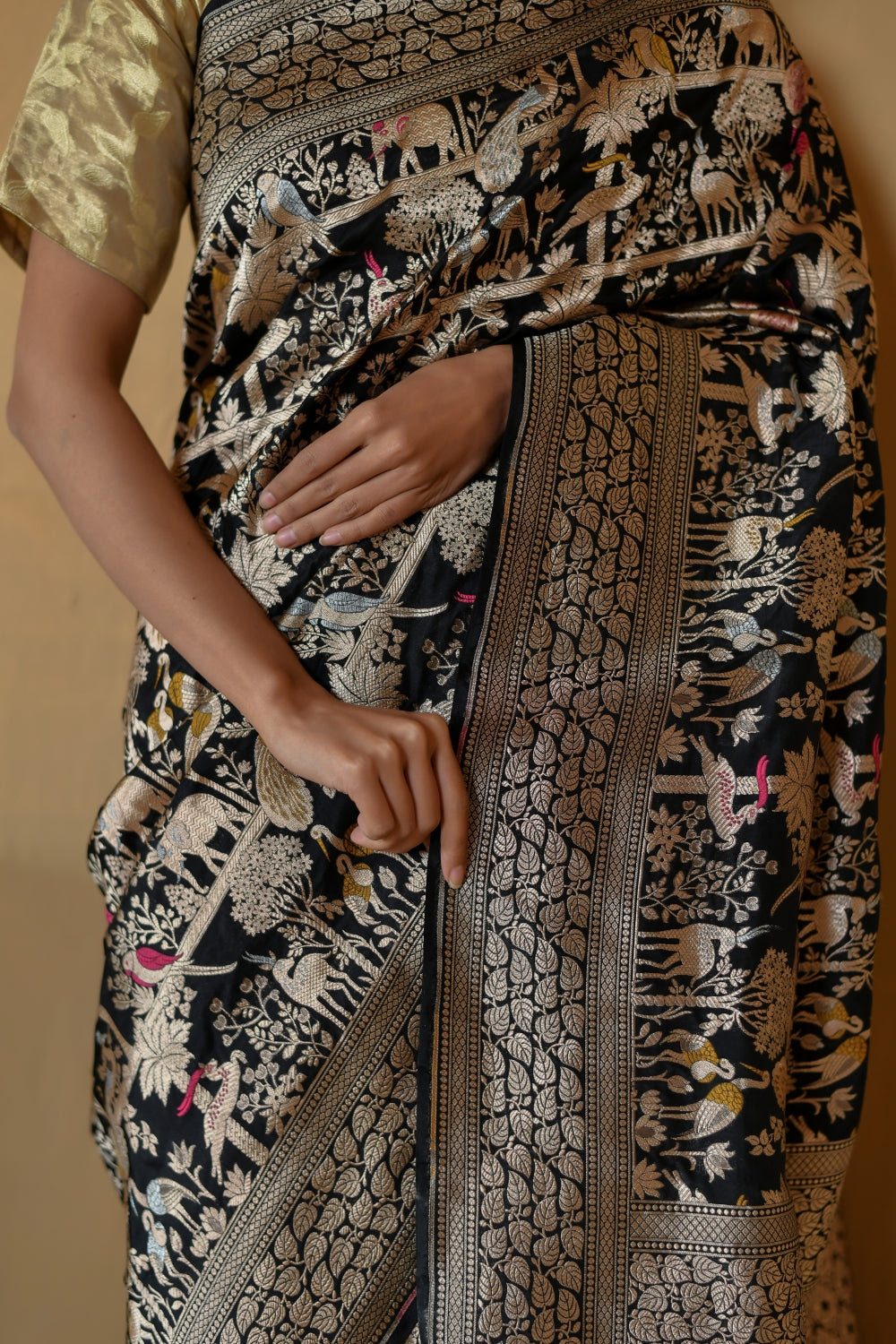 Handwoven Black Katan Silk Saree with Shikargah Motifs