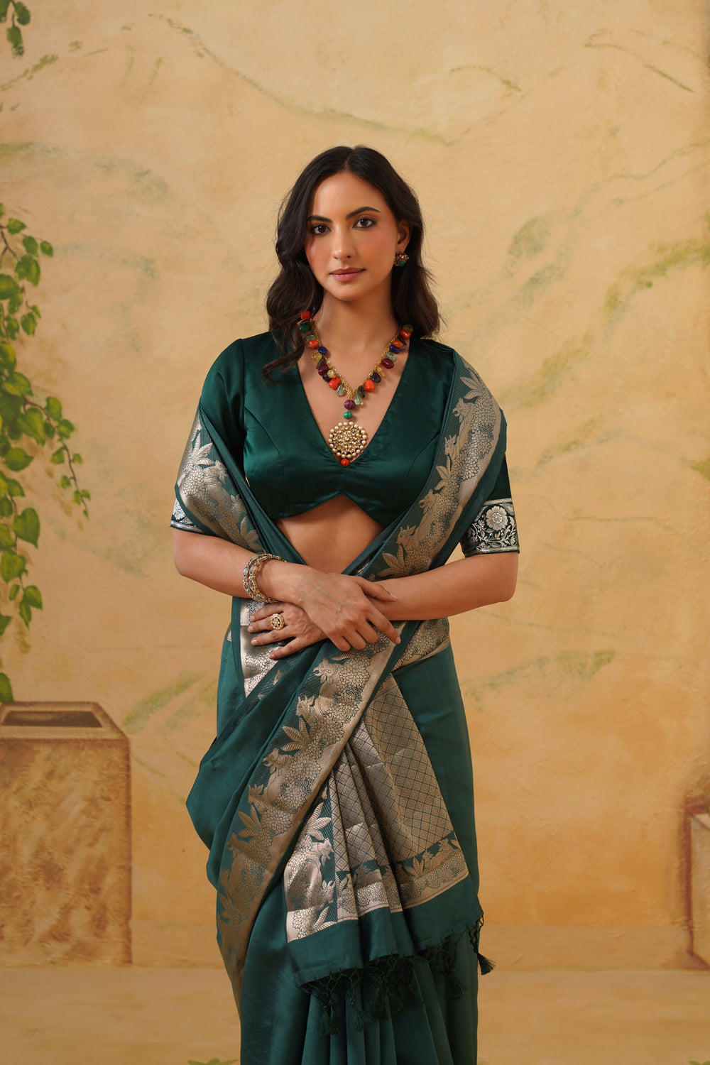 Handwoven Emerald Katan Silk Saree with Pichwai Border