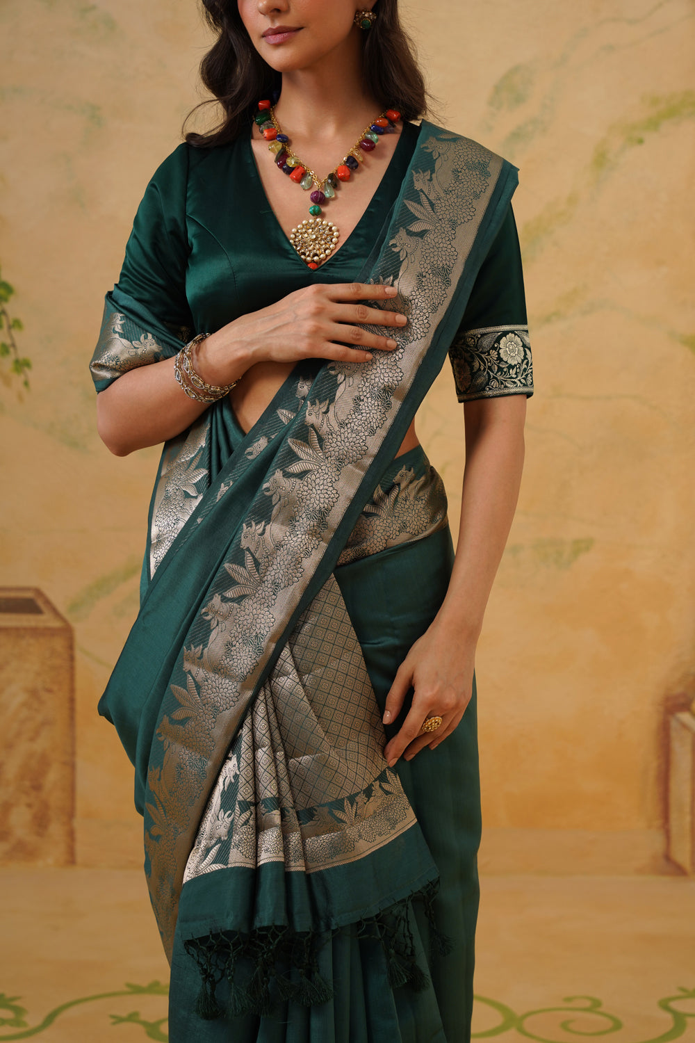 Handwoven Emerald Katan Silk Saree with Pichwai Border