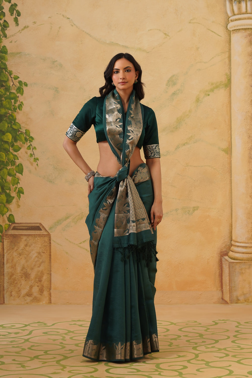 Handwoven Emerald Katan Silk Saree with Pichwai Border
