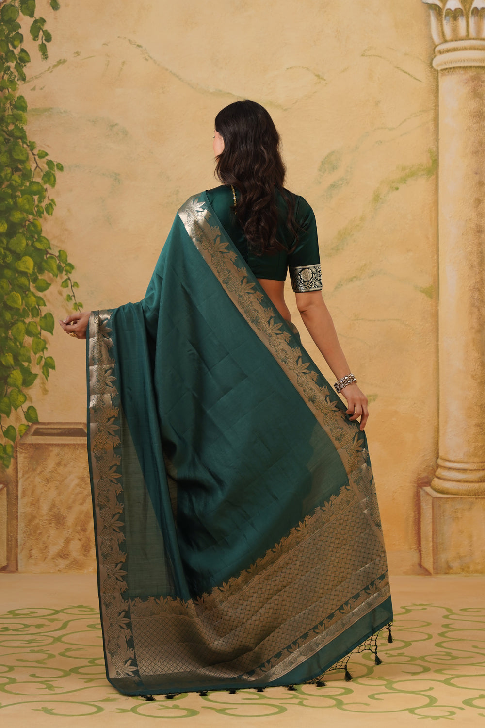 Handwoven Emerald Katan Silk Saree with Pichwai Border