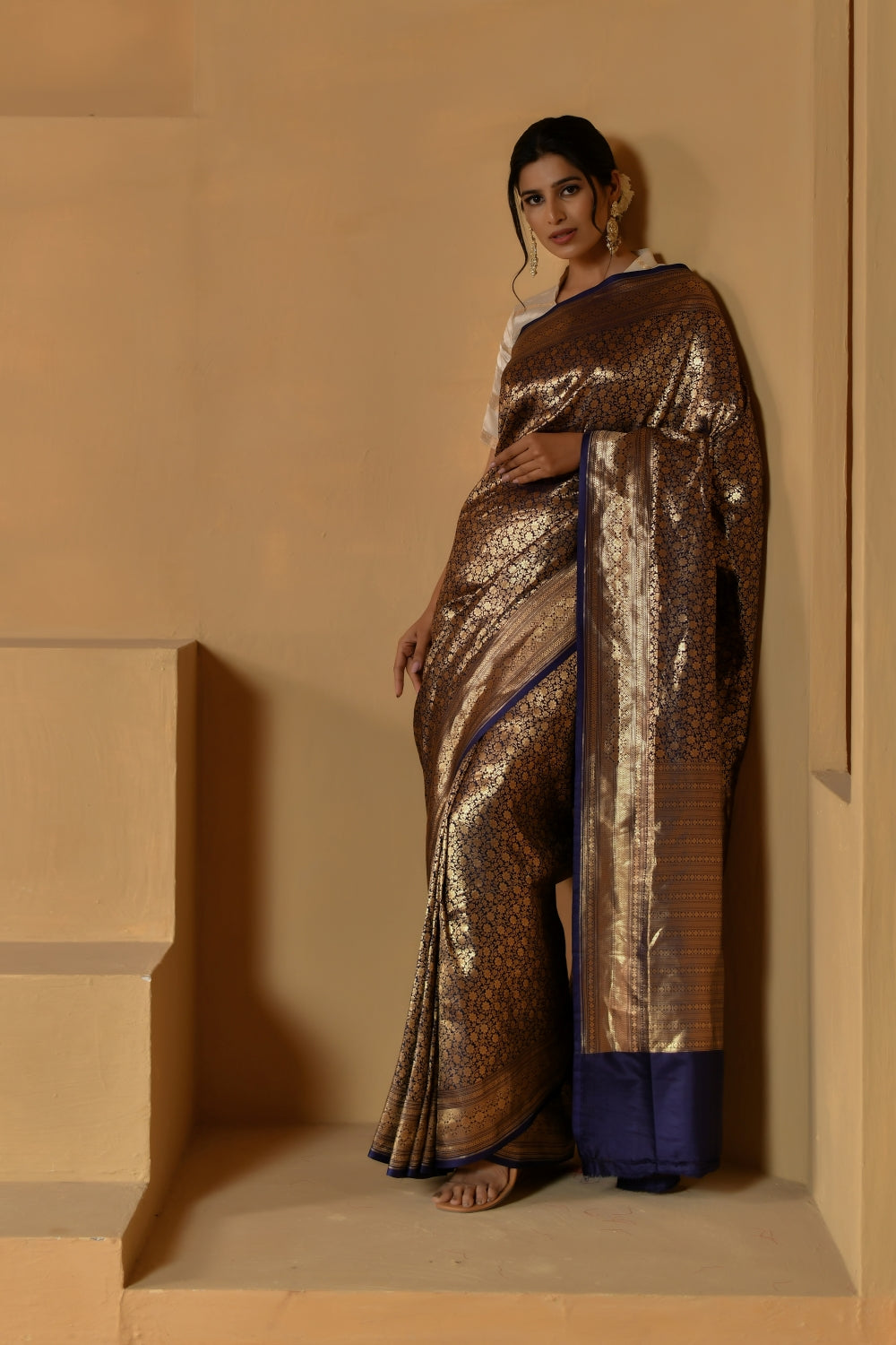 Handwoven Katan Silk in Deep Blue with Small Gold Bootis-Banarasiya