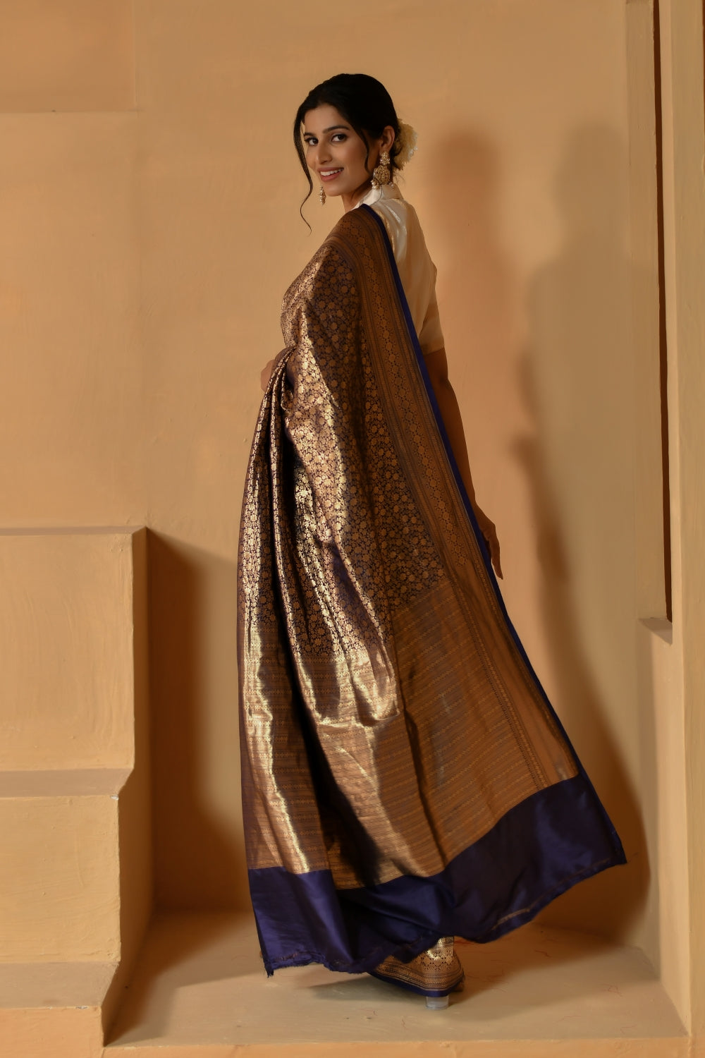 Handwoven Katan Silk in Deep Blue with Small Gold Bootis-Banarasiya