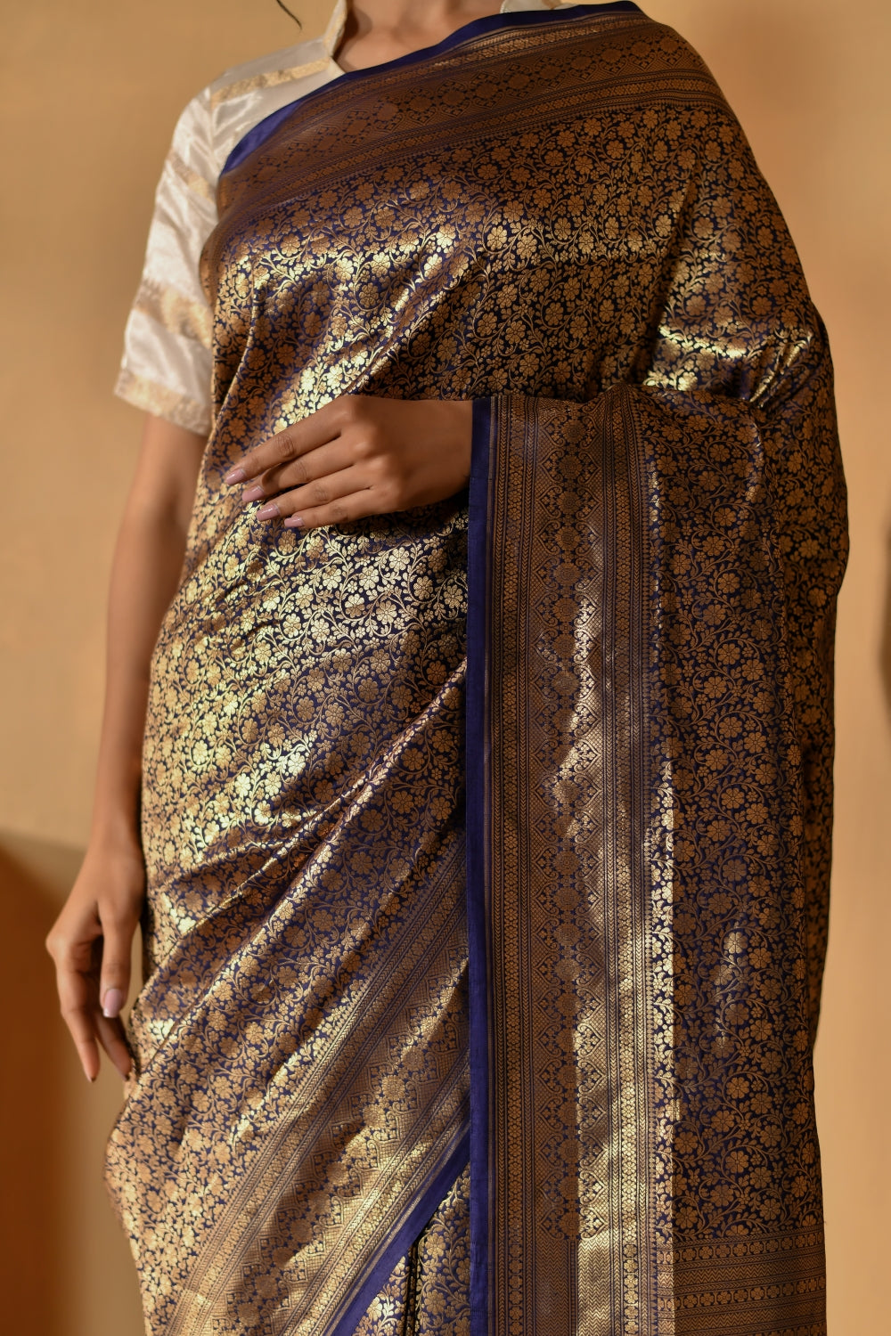 Handwoven Katan Silk in Deep Blue with Small Gold Bootis-Banarasiya