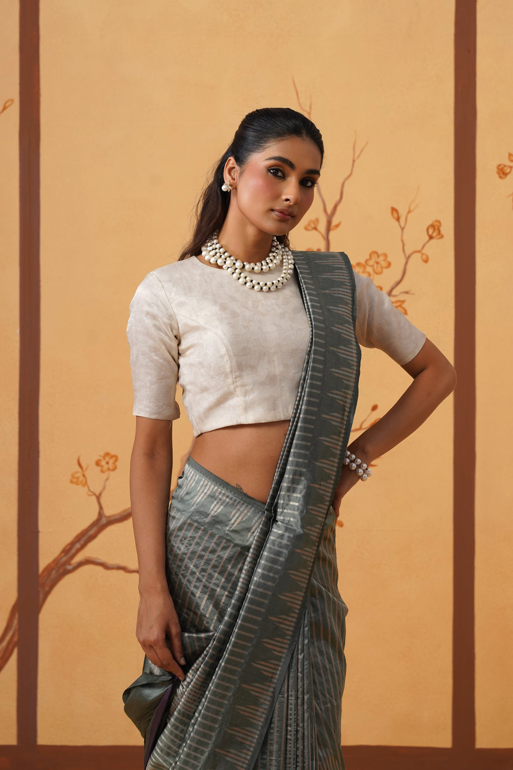 Handwoven Katan Silk Saree in Sage Silver