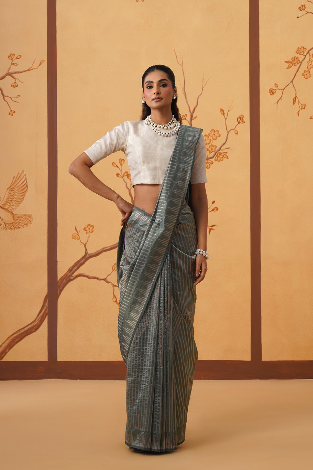 Handwoven Katan Silk Saree in Sage Silver