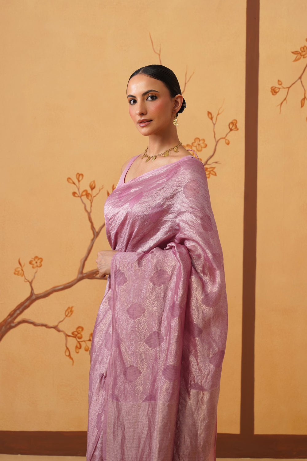 Handwoven Kora Katan Silk Saree in Lavender Haze