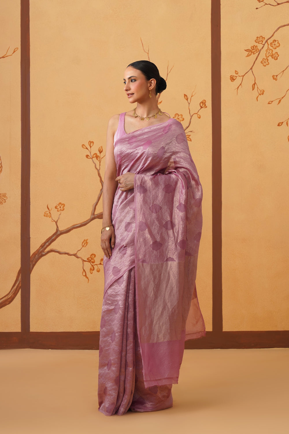 Handwoven Kora Katan Silk Saree in Lavender Haze