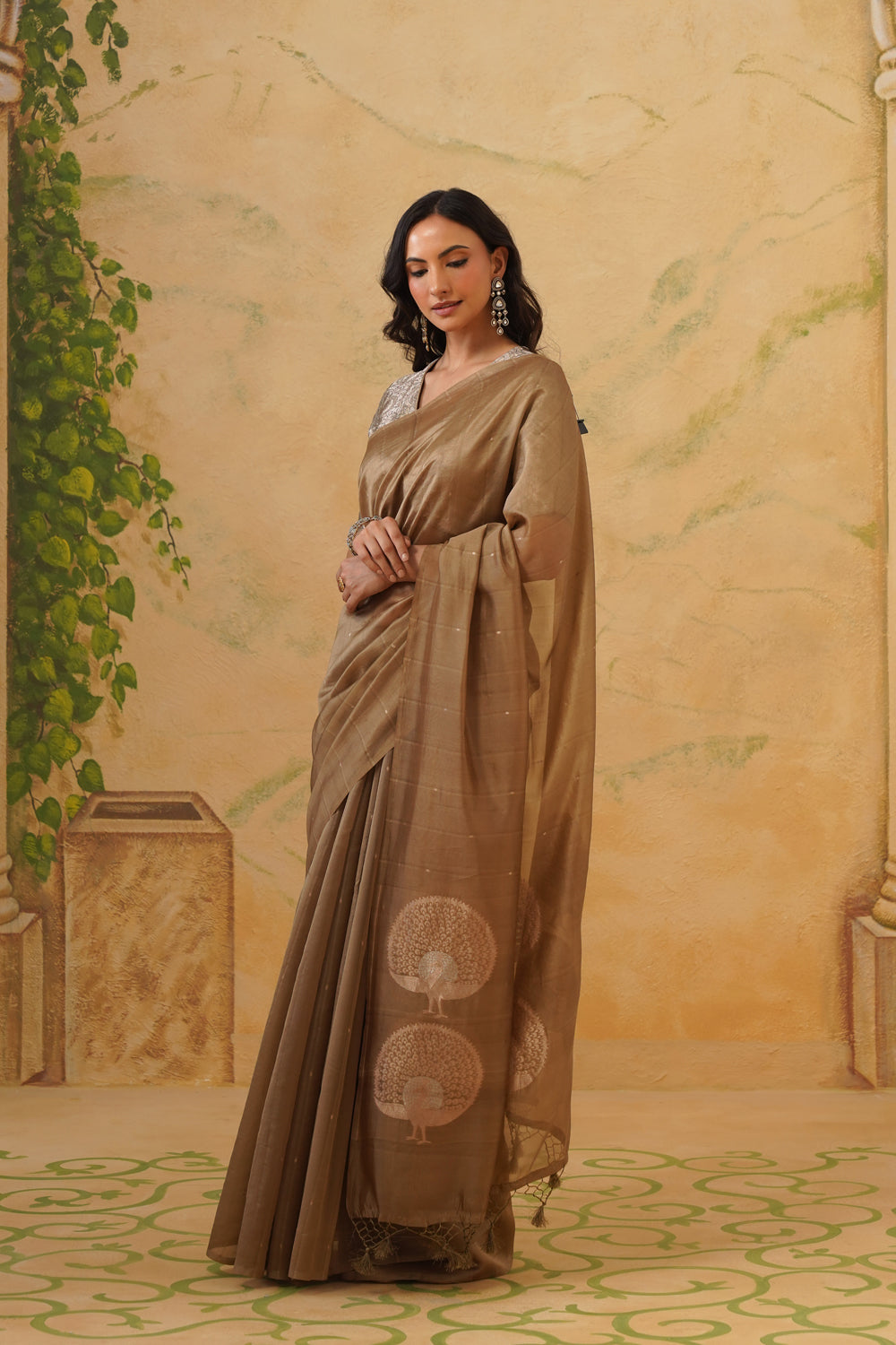 Handwoven Kora Katan Silk Saree with Peacock Pallu in Beige 