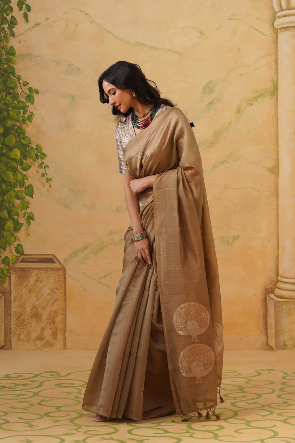 Handwoven Kora Katan Silk Saree with Peacock Pallu in Beige 