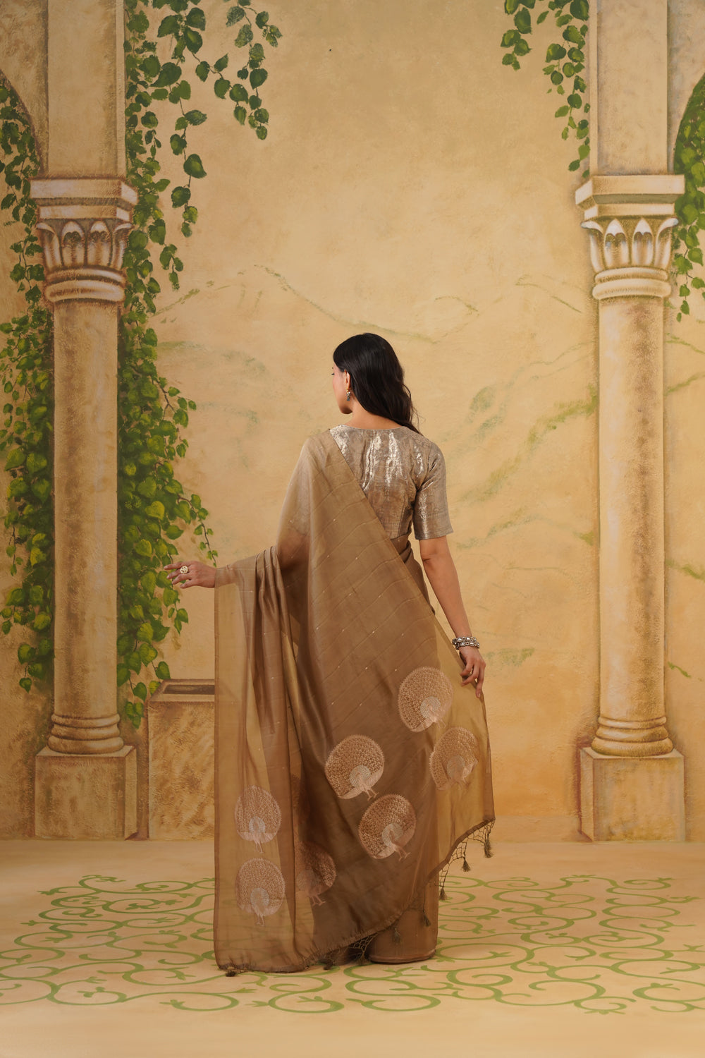Handwoven Kora Katan Silk Saree with Peacock Pallu in Beige 