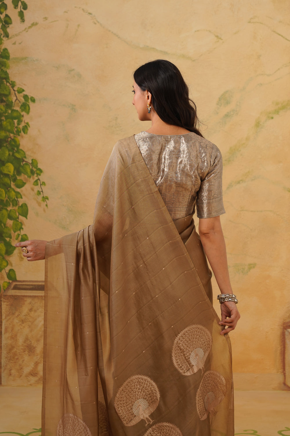 Handwoven Kora Katan Silk Saree with Peacock Pallu in Beige 