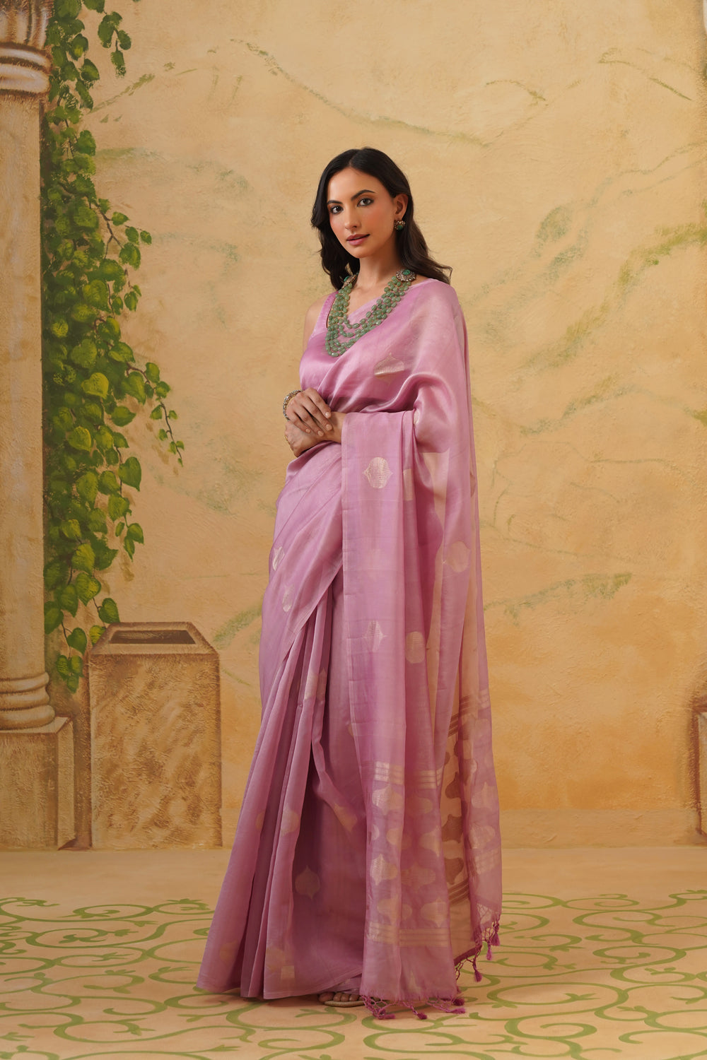 Handwoven Lavender-Pink Kora Katan Silk Saree 
