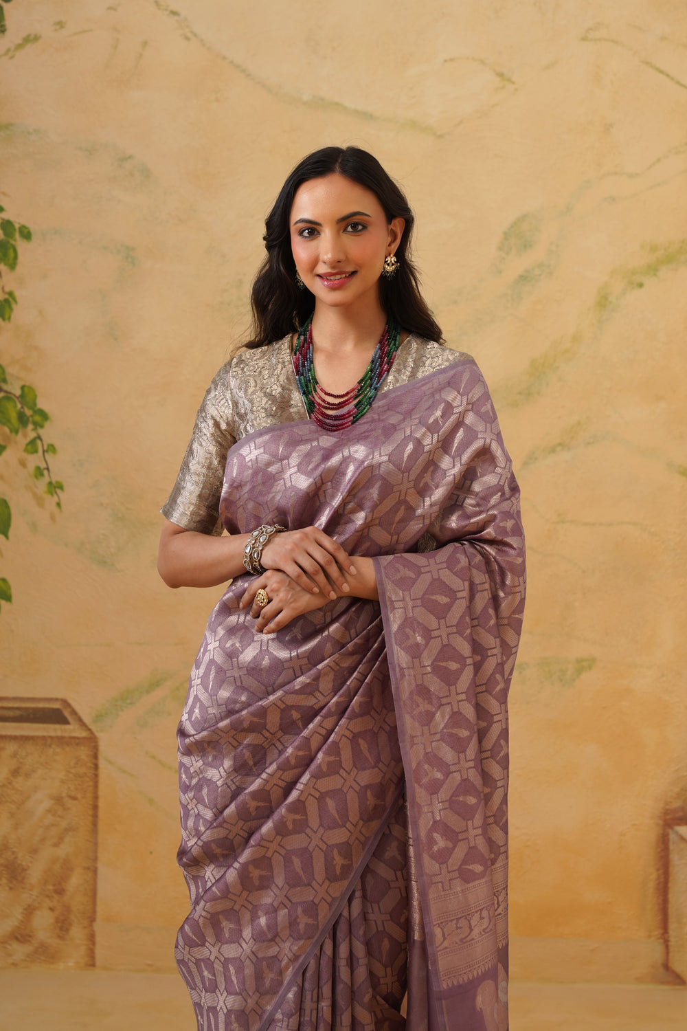 Handwoven Mauve Kora Katan Silk Saree with Bird Motifs