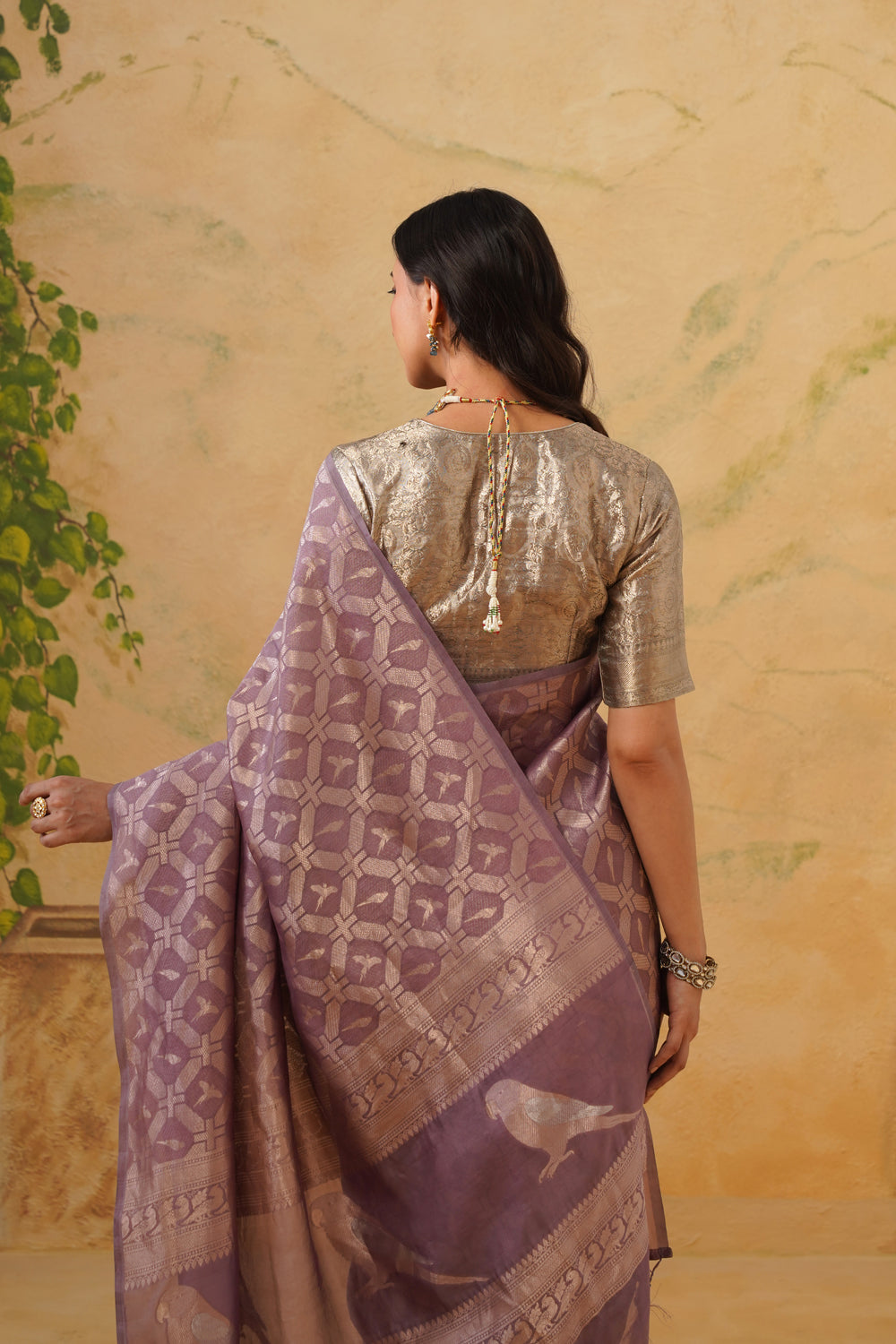 Handwoven Mauve Kora Katan Silk Saree with Bird Motifs
