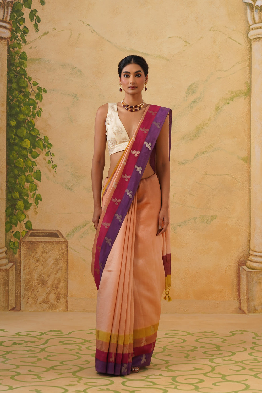 Handwoven Multi-Color Katan Silk Saree with Bird Motifs