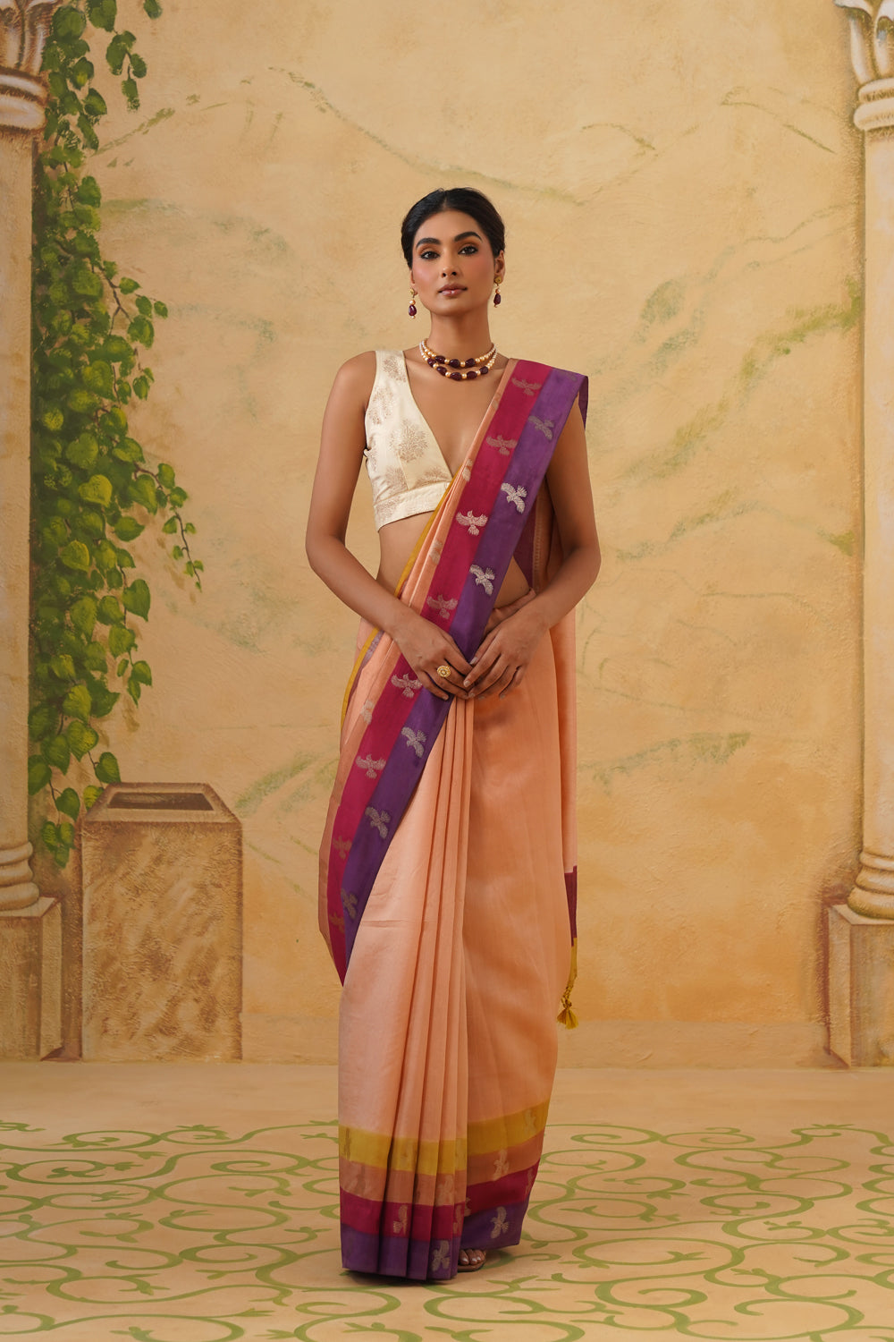 Handwoven Multi-Color Katan Silk Saree with Bird Motifs