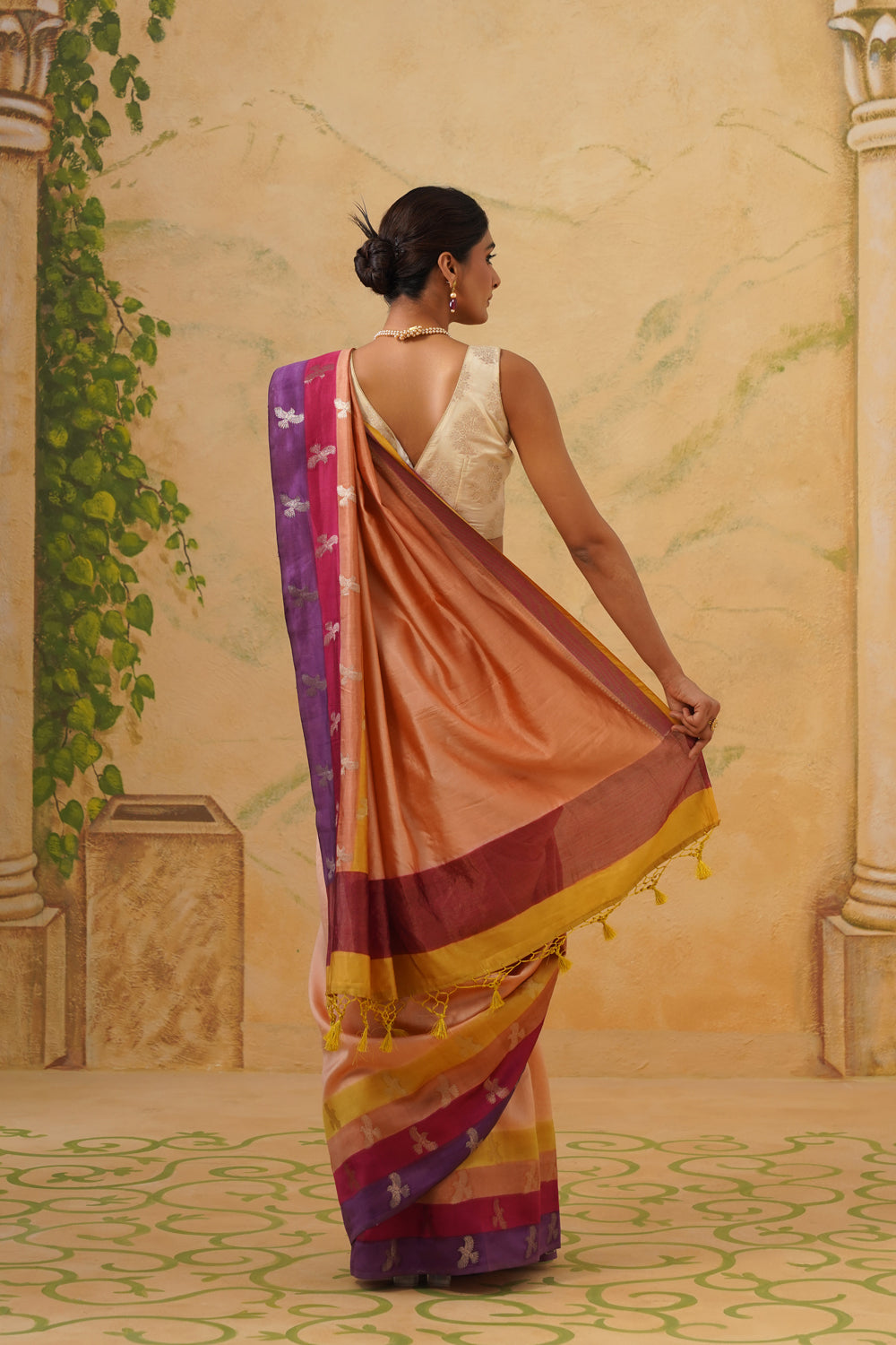 Handwoven Multi-Color Katan Silk Saree with Bird Motifs