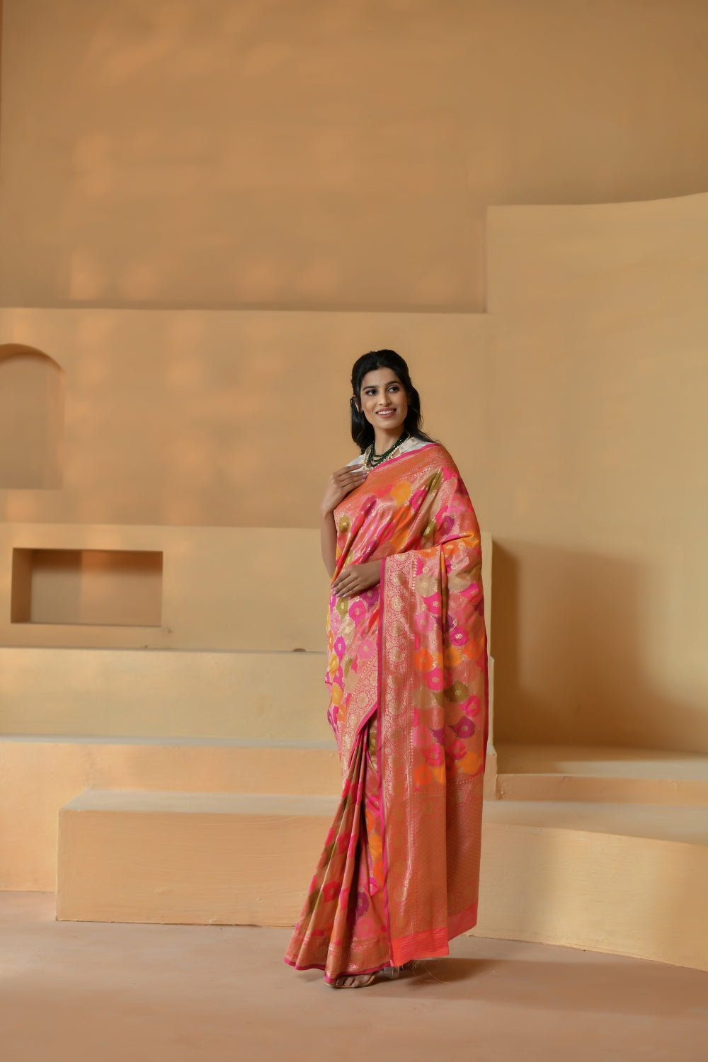 Handwoven Multi-Toned Katan Silk Saree with Floral Motifs
