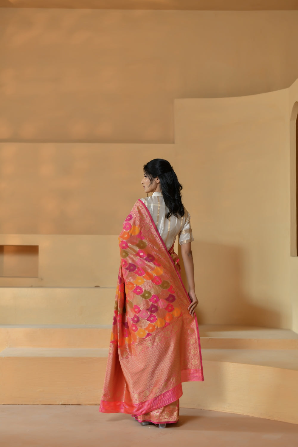 Handwoven Multi-Toned Katan Silk Saree with Floral Motifs-Banarasiya
