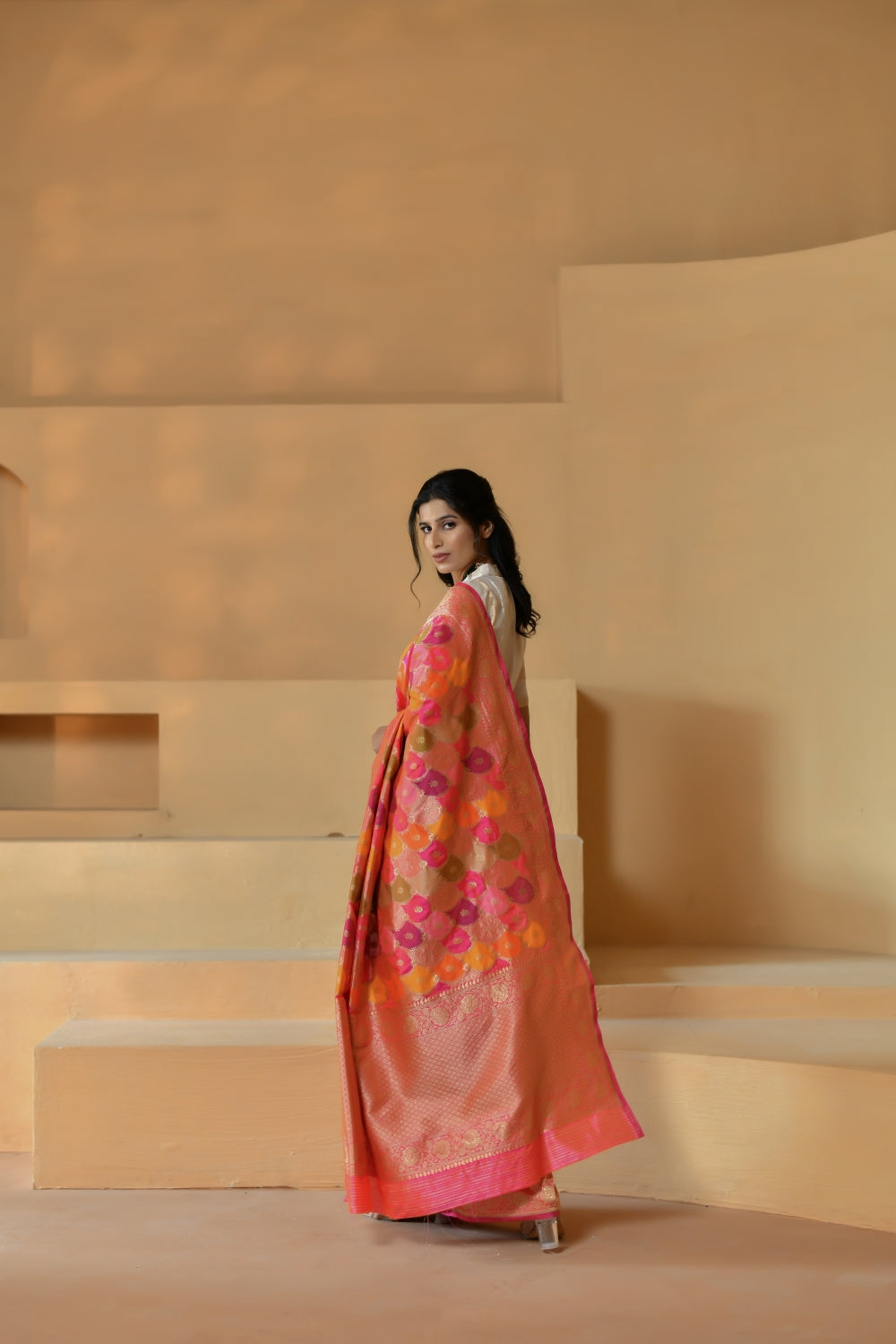 Handwoven Multi-Toned Katan Silk Saree with Floral Motifs-Banarasiya