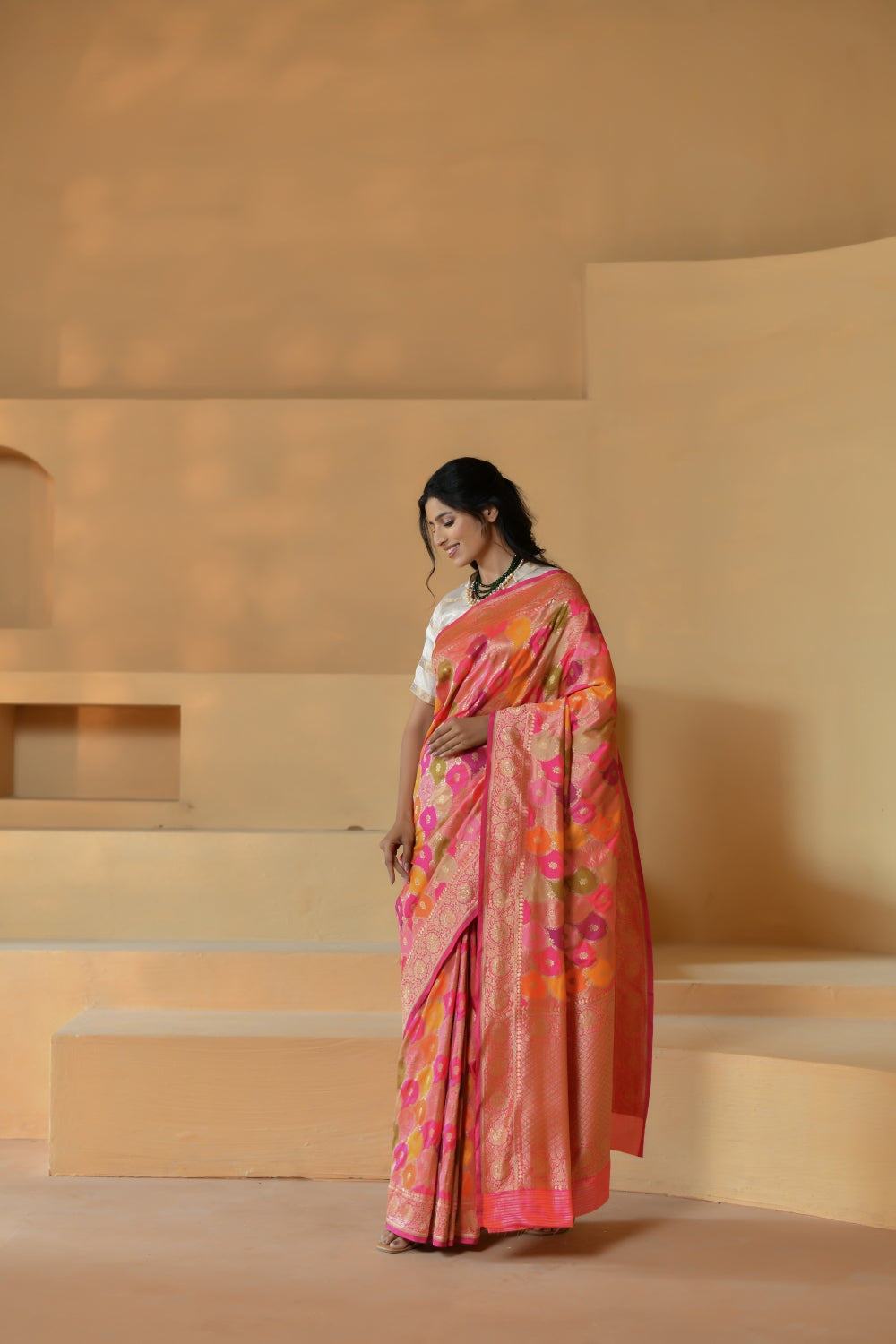 Handwoven Multi-Toned Katan Silk Saree with Floral Motifs-Banarasiya
