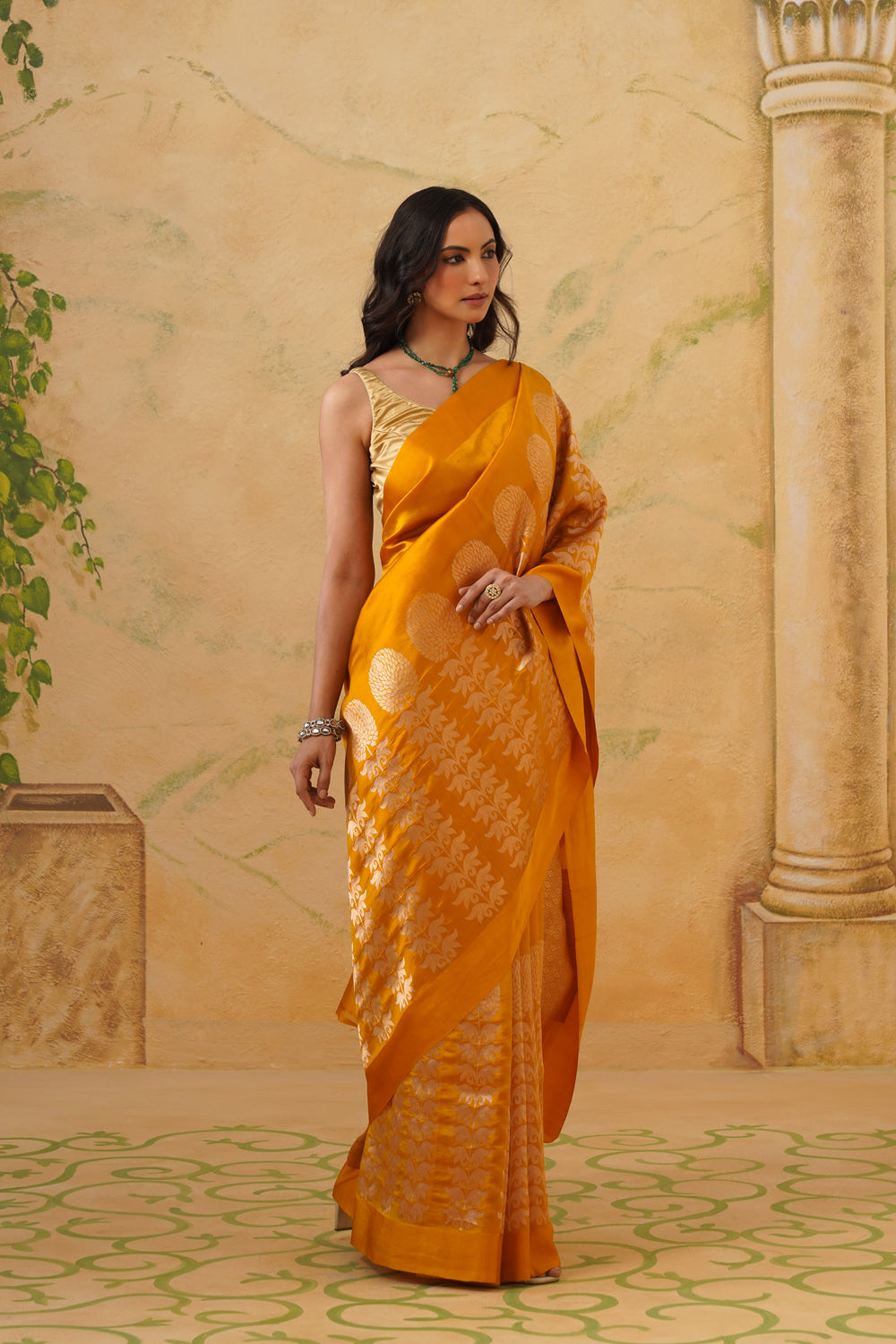 Handwoven Mustard Katan Silk Saree with Floral Motifs & Satin Border