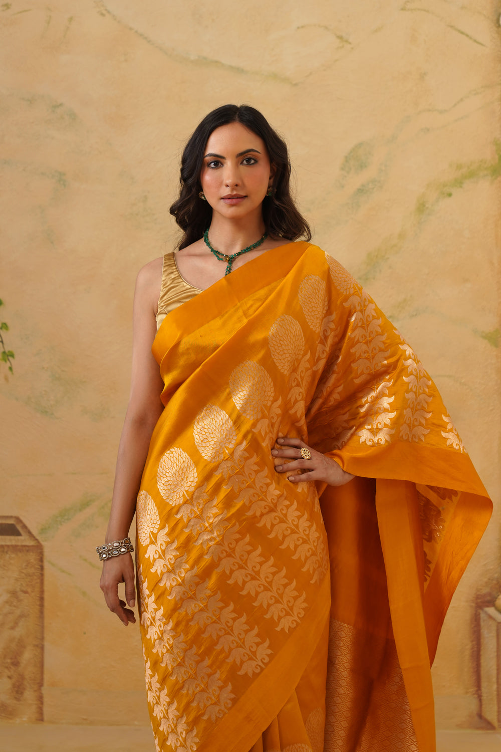 Handwoven Mustard Katan Silk Saree with Floral Motifs & Satin Border