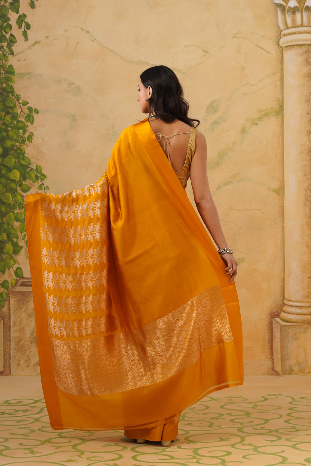 Handwoven Mustard Katan Silk Saree with Floral Motifs & Satin Border