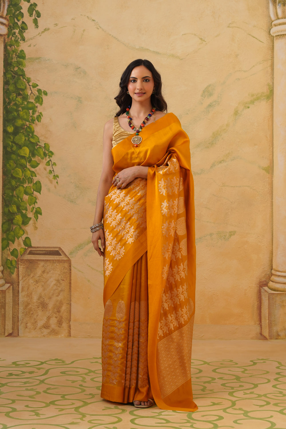 Handwoven Mustard Katan Silk Saree with Floral Motifs & Satin Border