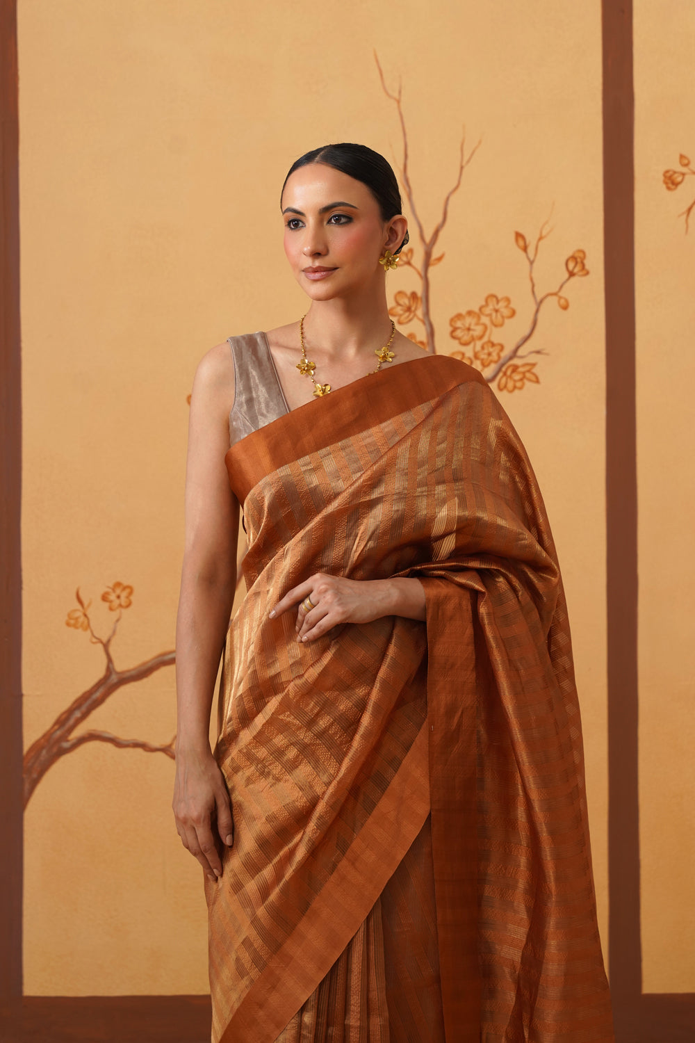 Handwoven Mustard Yellow Striped Katan-Tissue Silk Saree
