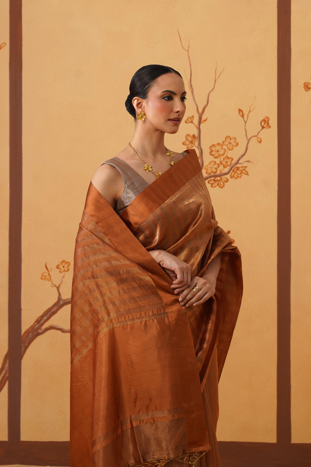 Handwoven Mustard Yellow Striped Katan-Tissue Silk Saree