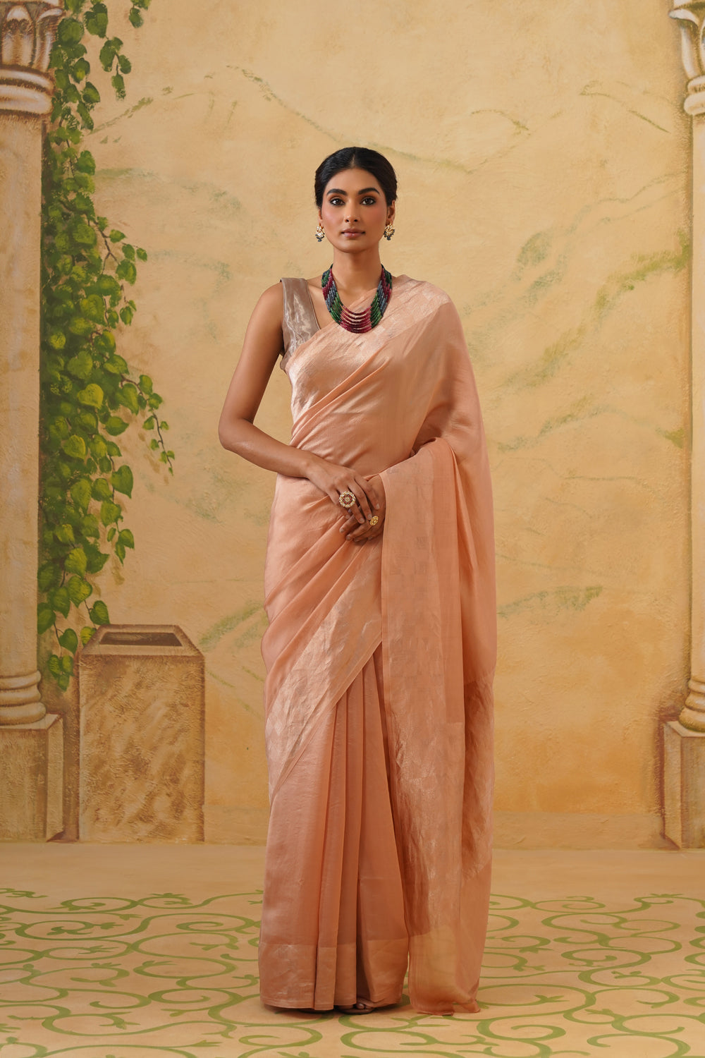 Handwoven Peach-Gold Tissue Katan Saree in Tanchoi Weave