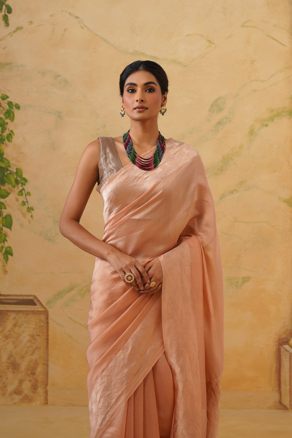 Handwoven Peach-Gold Tissue Katan Saree in Tanchoi Weave