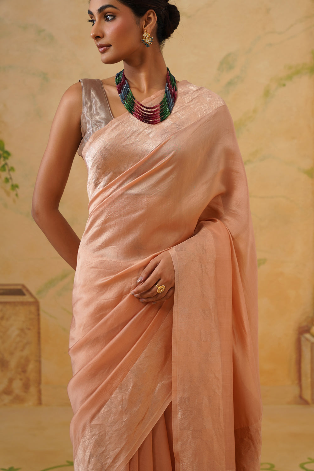 Handwoven Peach-Gold Tissue Katan Saree in Tanchoi Weave