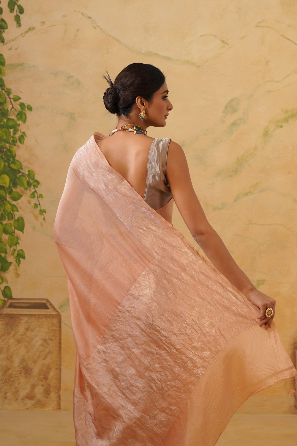 Handwoven Peach-Gold Tissue Katan Saree in Tanchoi Weave