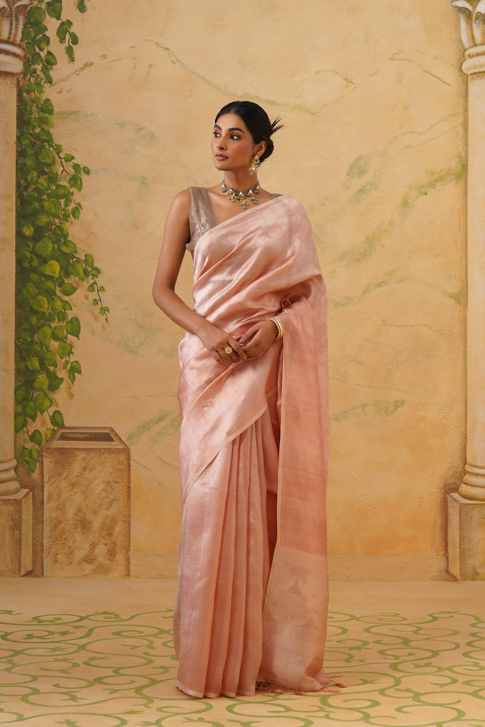 Handwoven Peach Katan Tissue Silk Saree in Tanchoi With Zari pallu