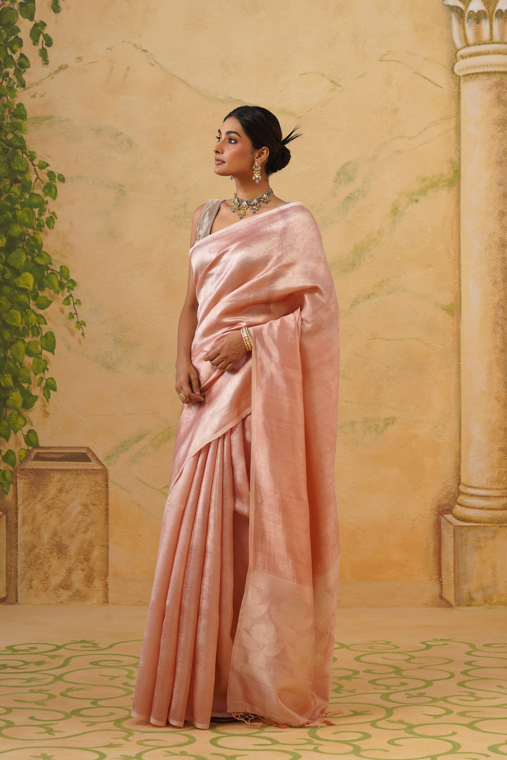 Handwoven Peach Katan Tissue Silk Saree in Tanchoi With Zari pallu