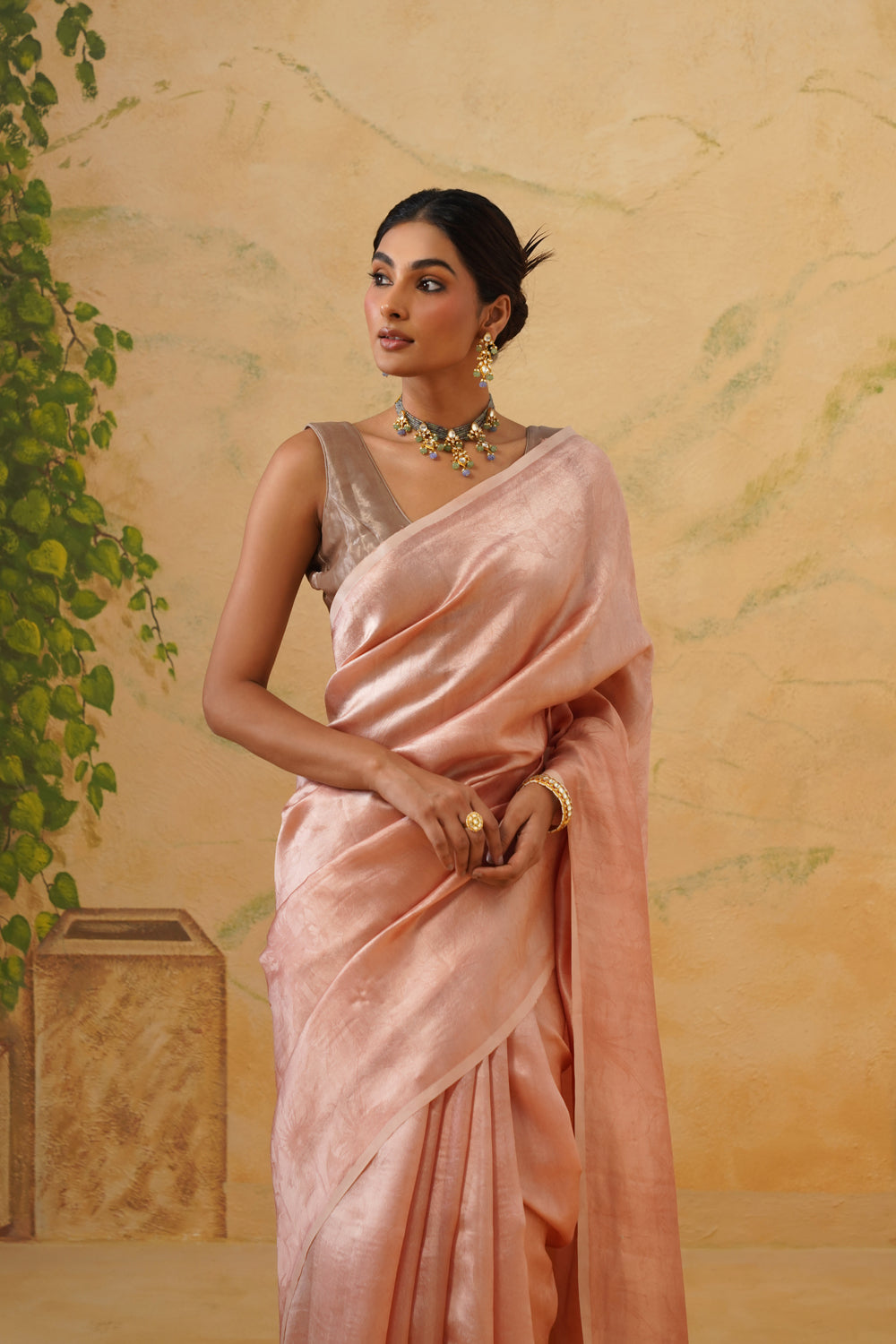 Handwoven Peach Katan Tissue Silk Saree in Tanchoi With Zari pallu