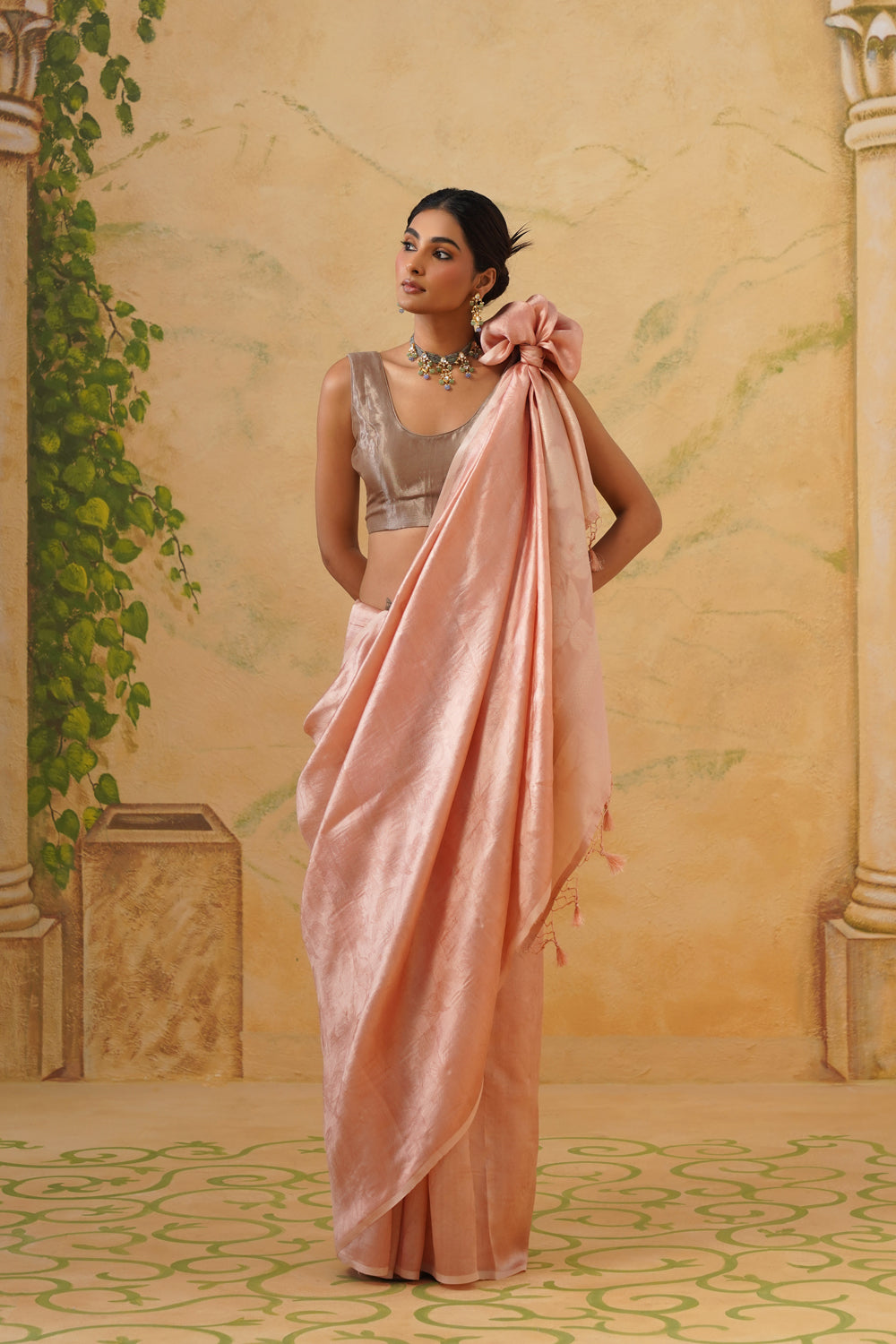Handwoven Peach Katan Tissue Silk Saree in Tanchoi With Zari pallu
