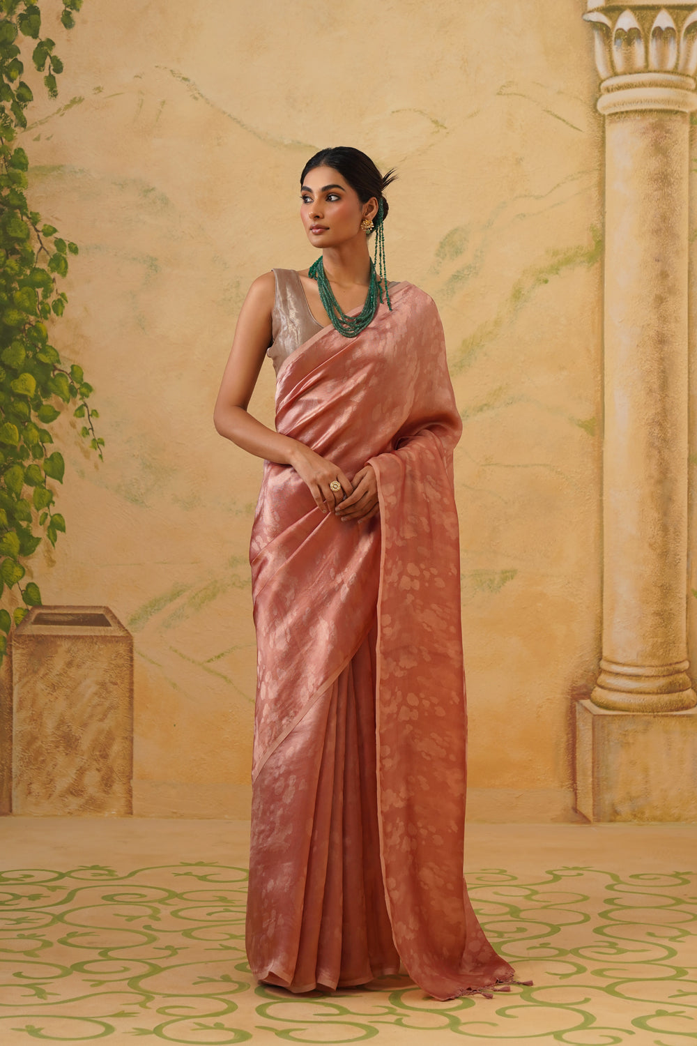 Handwoven Peach Katan Tissue Silk Saree in Tanchoi