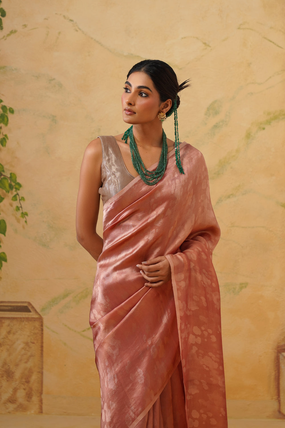 Handwoven Peach Katan Tissue Silk Saree in Tanchoi