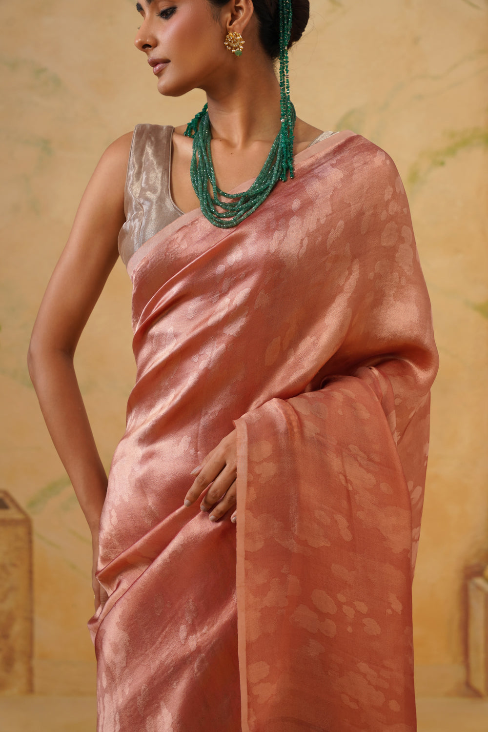 Handwoven Peach Katan Tissue Silk Saree in Tanchoi
